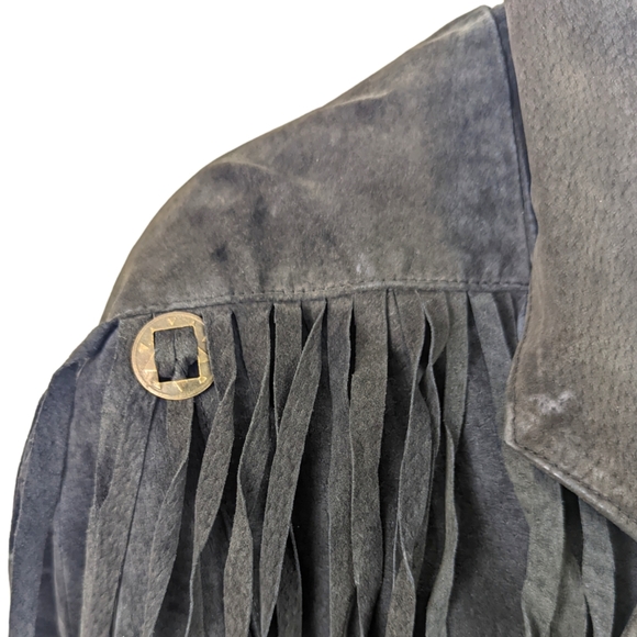 Vintage 80s Fringe Leather Jacket Western Womens Black Distressed - Picture 8 of 14